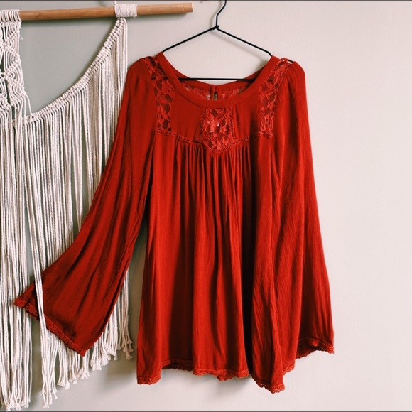 Patrons of Peace Tops - Patrons of peace orange Boho Bell Sleeve Blouse
